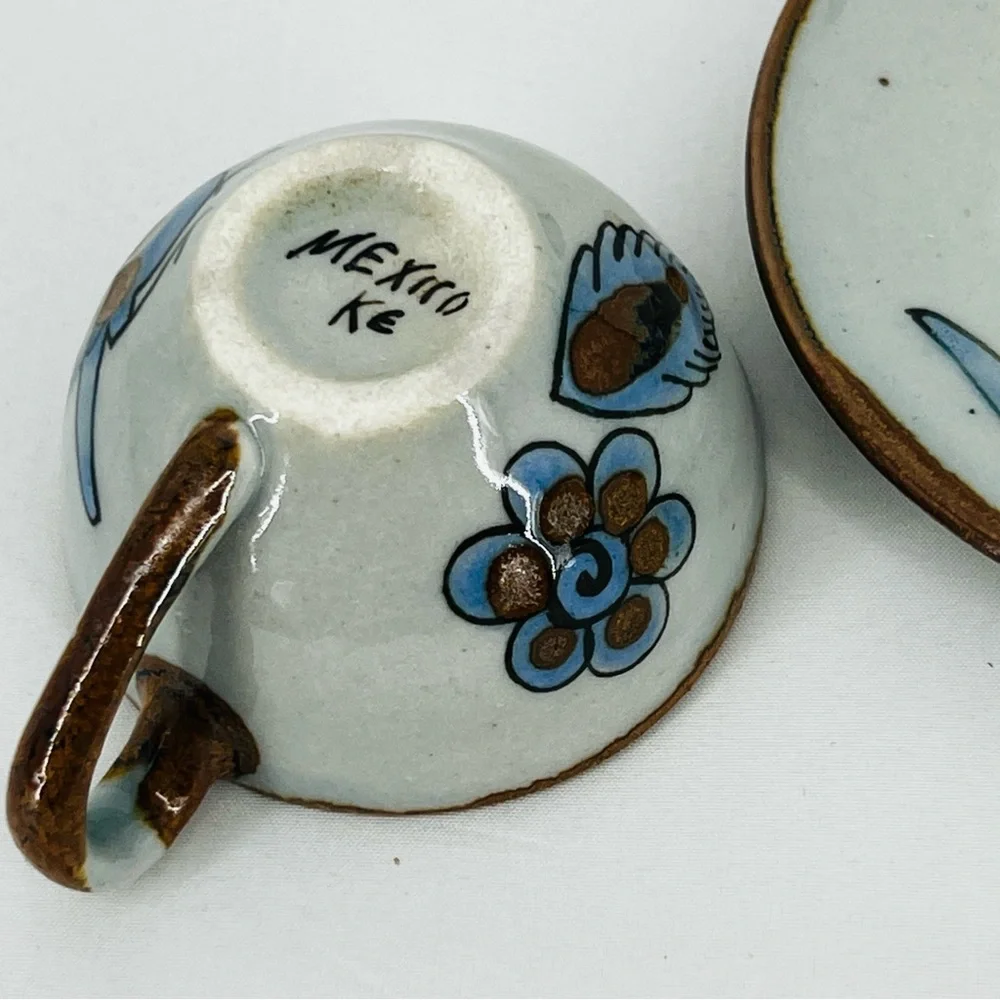 Vintage Ken Edwards Tonala Pottery Cup & Saucer Set El Palomar Blue Bird Signed - Picture 10 of 14